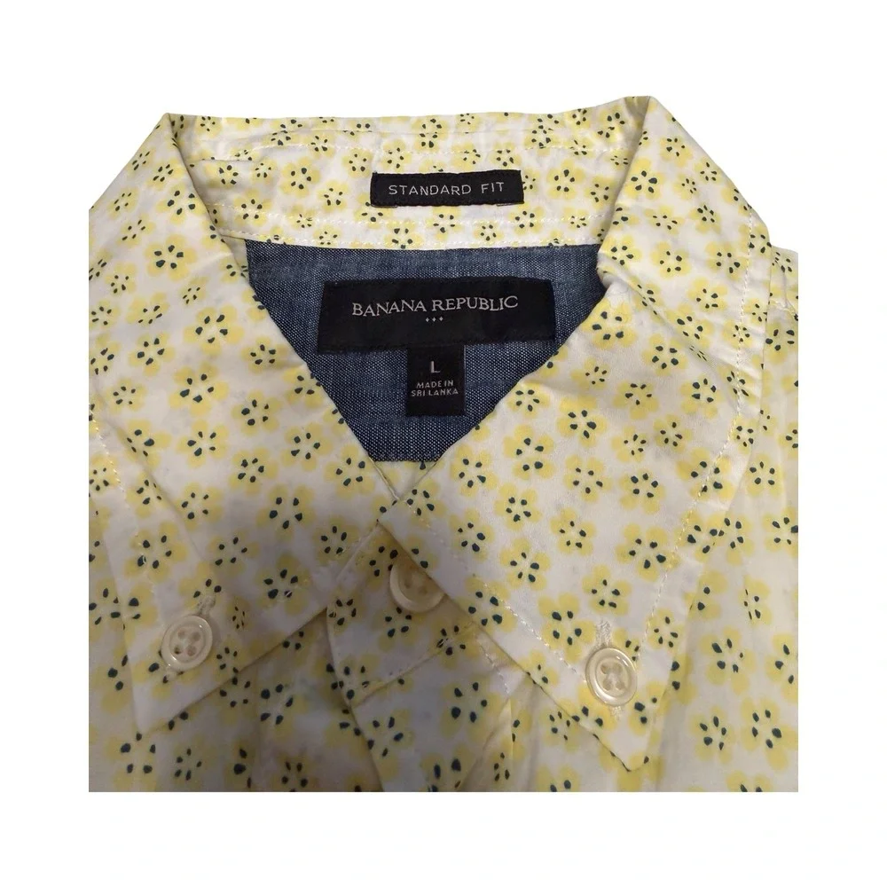 Banana Republic Mens L Short Sleeve Floral Button Down Shirt Standard Fit Yellow